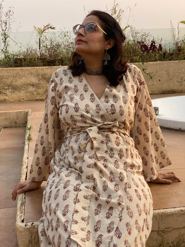 Ivory Red Floral Motif Hand Block Printed Kimono Robe | Available in both Knee and Ankle Length