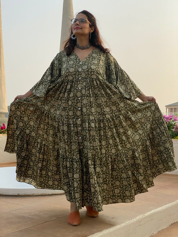 Green Lotus Motif Hand-Block Printed Tiered Dress