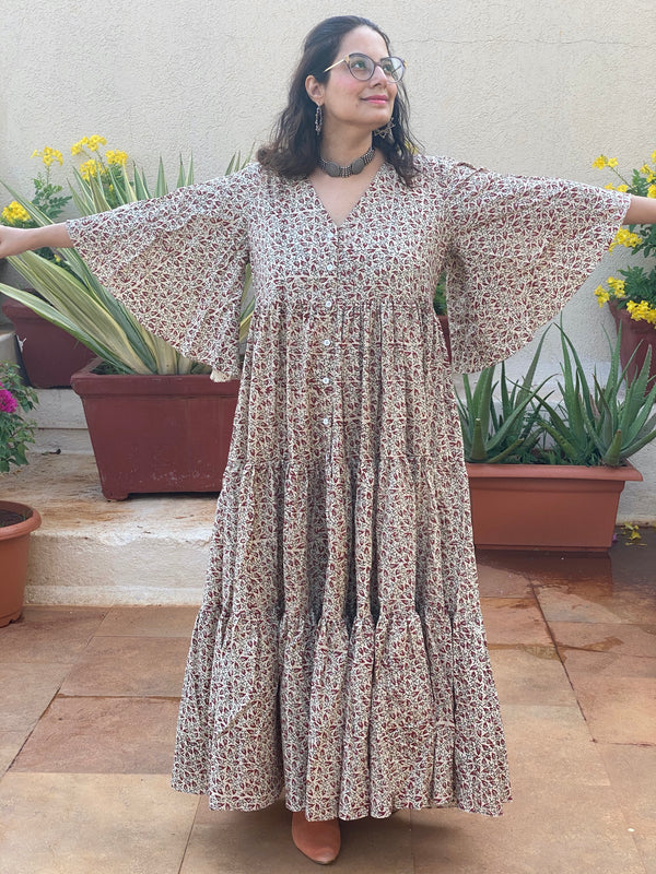 Ivory Red Tiny Leafy Motif Hand-Block Tiered Dress