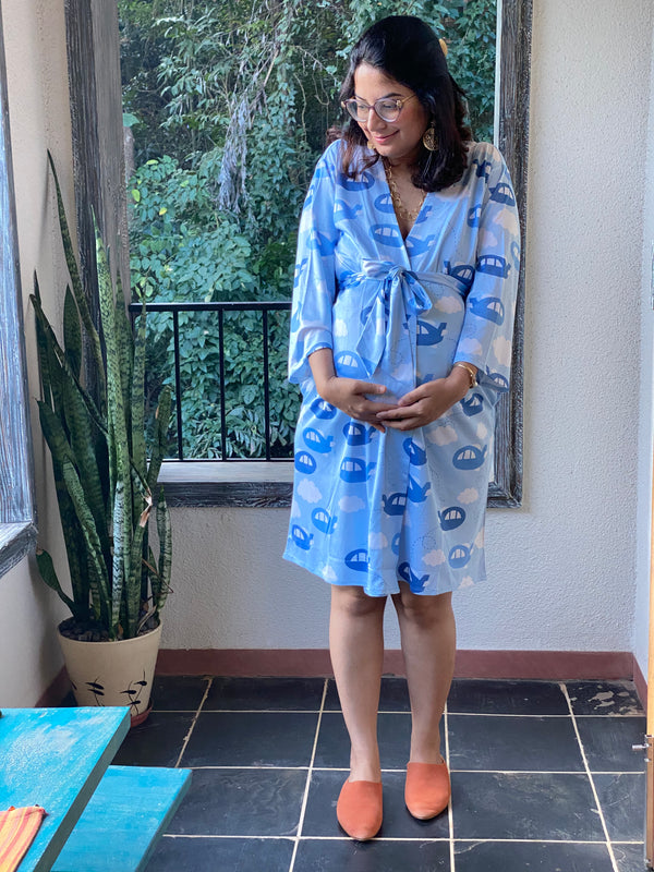 Aero Aero Airplanes Maternity Robe | Softest Jersey Knit Organic Cotton | Nursing Gown | Delivery Robe
