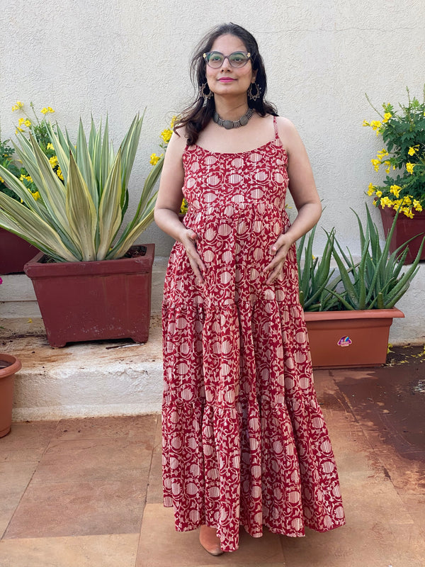 Red Lotus Motif Hand-Block Tiered Maternity Spaghetti Dress