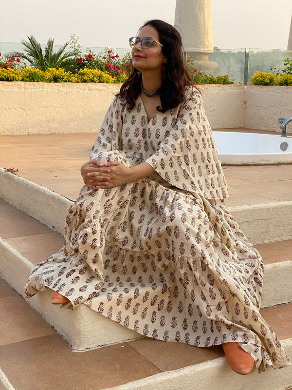 Ivory Red Paisley Motif Hand-Block Tiered Dress