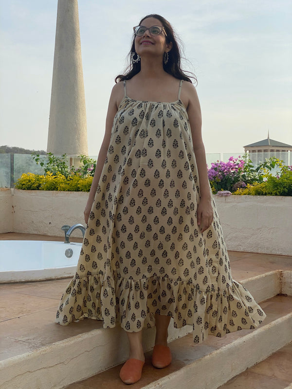 Ivory Black Floral Motif Hand Block Printed Organic Cotton Spaghetti Night gown