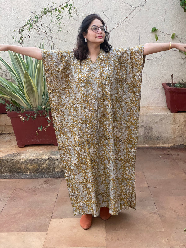 Mustard Floral Motif Hand-Blocked Caftan with V-Neck, Cinched Waist and Available in both Knee and Ankle Length