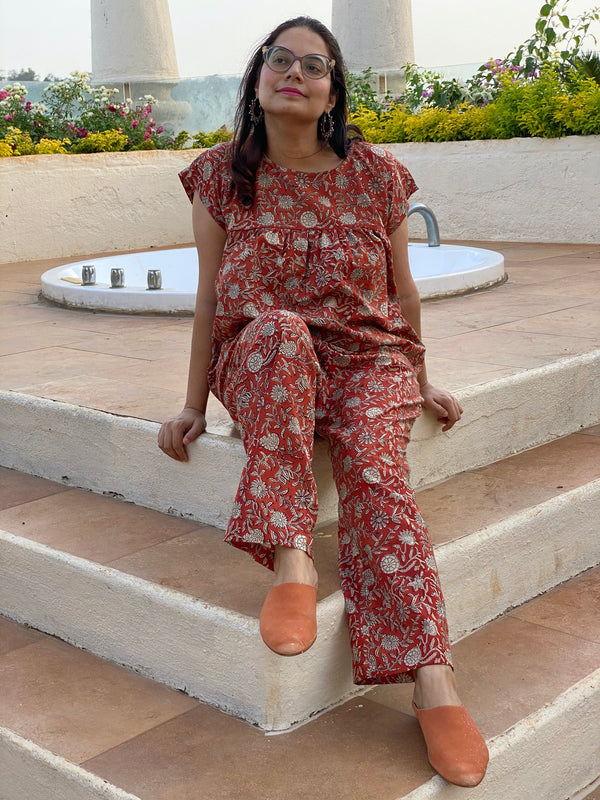 Red Floral Motif Hand Block Printed Organic Cotton Pajama Set | Available in both shorts and pants style