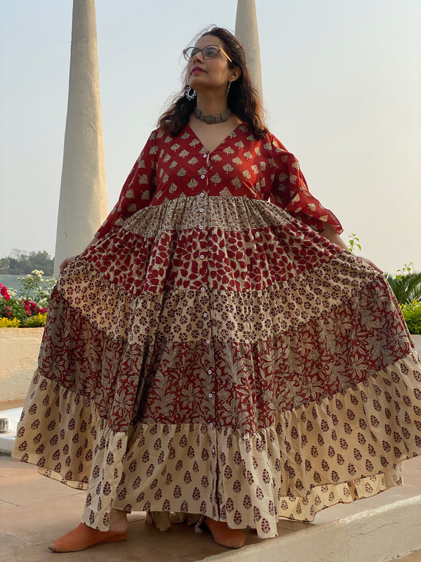 Ivory Red Mixed Hand Block Printed Front Buttoned 5 Tiered Dress