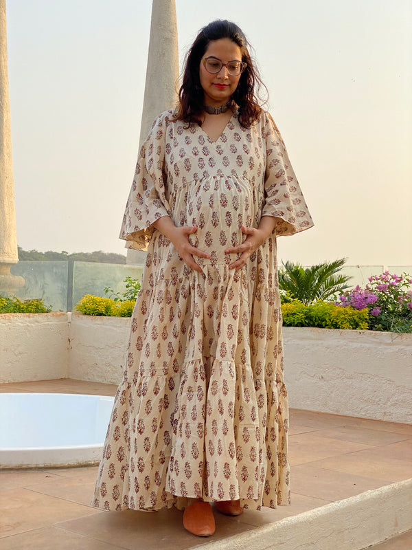 Ivory Paisley Motif Hand-Block Tiered Maternity Dress