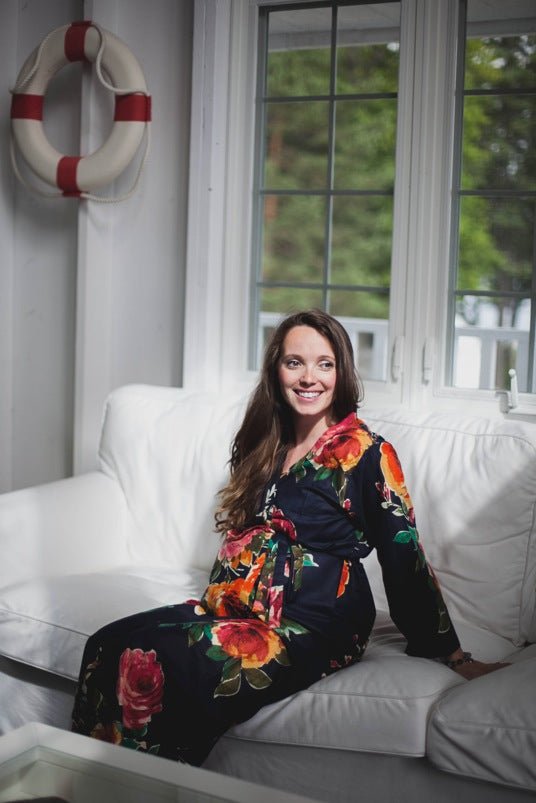 Black Big Floral Ankle length Maternity Robe