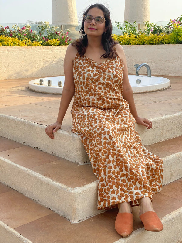 Ivory Mustard Leafy Motif Hand Block Organic Cotton Spaghetti Night gown