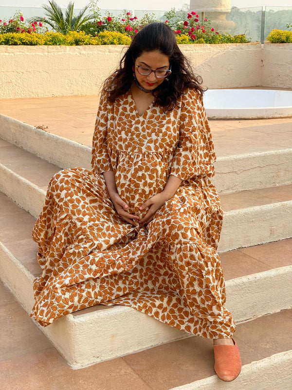 Mustard Leafy Motif Hand-Block Tiered Maternity Dress
