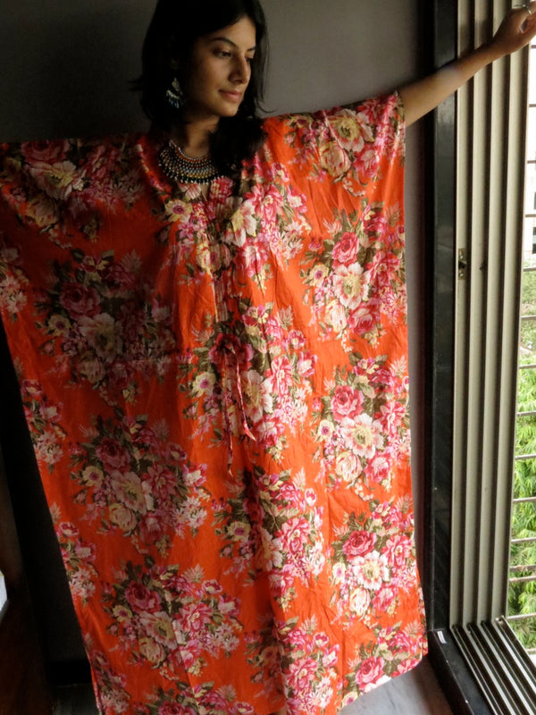 Orange Floral Rosy Red Posy V-Neck Button Down to Waist, Ankle Length, Cinched Waist Caftan-A3fabric Code
