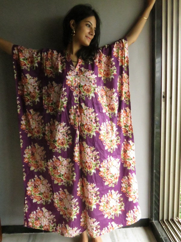 Purple Floral V-Neck Button Down to Waist, Ankle Length, Cinched Waist Caftan