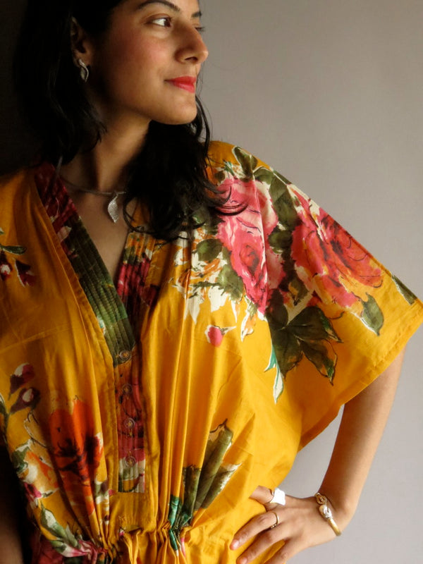 Yellow Large Floral Blossom V-Neck Button Down to Waist, Ankle Length, Cinched Waist Caftan