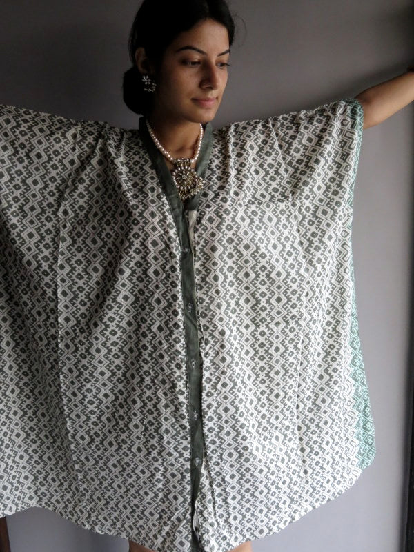 Military Green Chevron Geometric V-Neck Full Button Down, Knee Length, Belted Caftan-H5 fabric Code