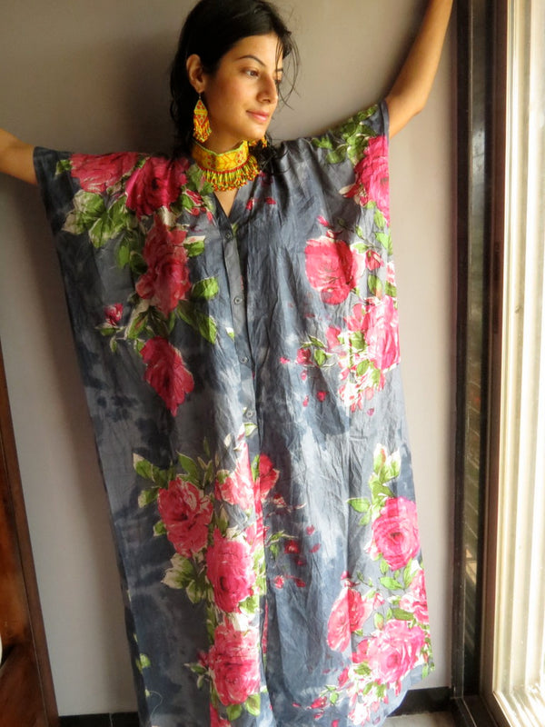 Gray Fuchsia Large Floral Blossom V-Neck Full Button Down, Ankle Length, Belted Caftan