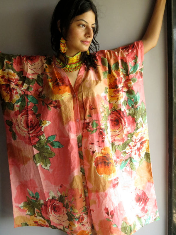 Coral Multicolor Big Flower V-Neck Button Down to Waist, Knee Length, Cinched Waist Caftan