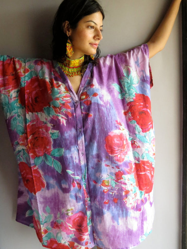 Purple Multicolor Big Flower V-Neck Button Down to Waist, Knee Length, Cinched Waist Caftan