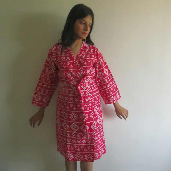 Red Aztec Knee Length, Kimono Crossover Belted Robe