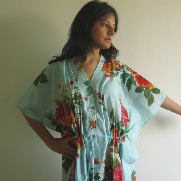 Light Blue Large Floral Blossom V-Neck Button Down to Waist, Ankle Length, Cinched Waist Caftan