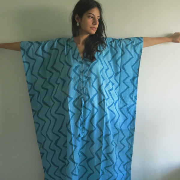 Teal Chevron V-Neck Button Down to Waist, Ankle Length, Cinched Waist Caftan
