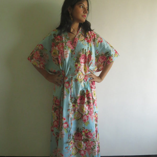 Light Blue Floral Rosy Red Posy V-Neck Button Down to Waist, Ankle Length, Cinched Waist Caftan