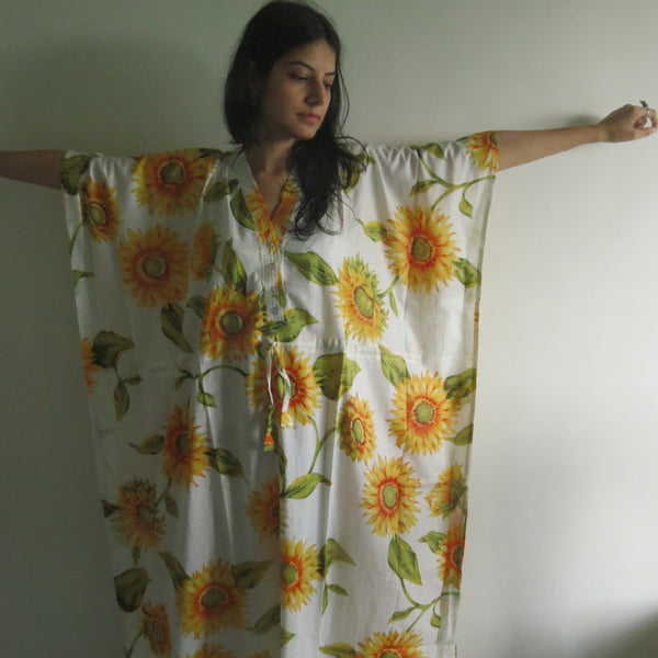 White Sunflower V-Neck Button Down to Waist, Ankle Length, Cinched Waist Caftan