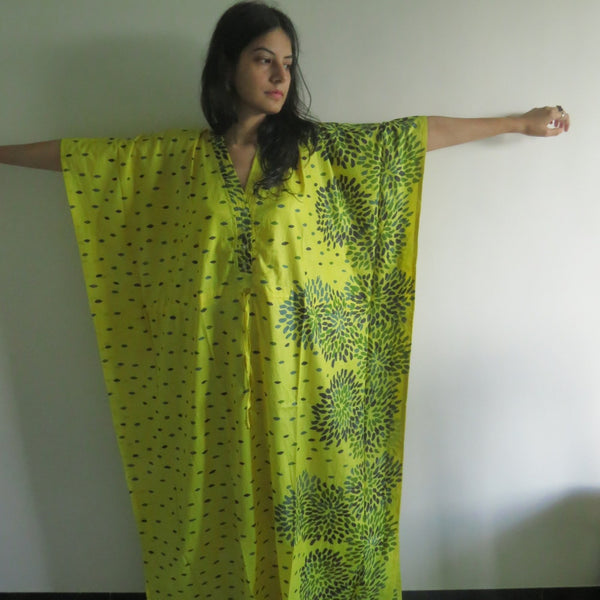 Yellow Abstract Floral V-Neck Button Down to Waist, Ankle Length, Cinched Waist Caftan