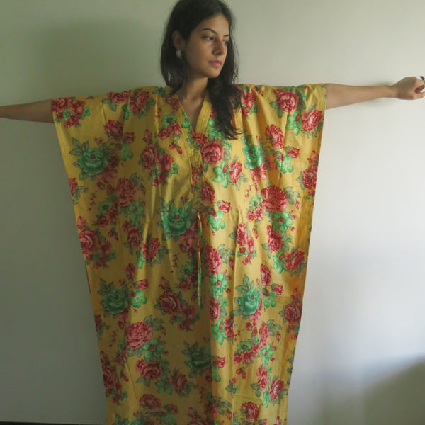 Yellow Red Floral V-Neck Button Down to Waist, Ankle Length, Cinched Waist Caftan
