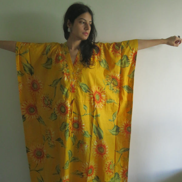 Yellow Sunflower V-Neck Button Down to Waist, Ankle Length, Cinched Waist Caftan