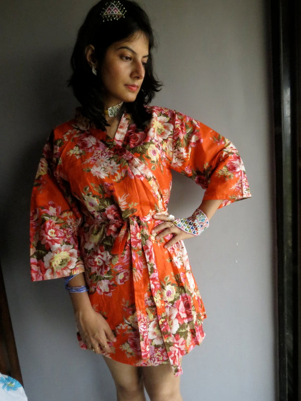 Orange Floral Knee Length, Kimono Crossover Belted Robe-A3 fabric Code