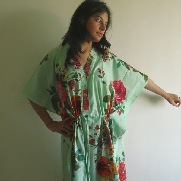 Mint Big Floral V-Neck Button Down to Waist, Ankle Length, Cinched Waist Caftan