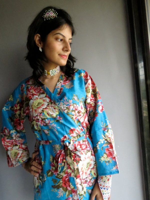 Blue Floral Knee Length, Kimono Crossover Belted Robe-A4 fabric Code