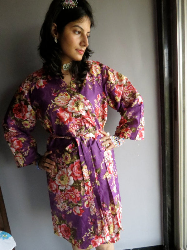 Purple Floral Knee Length, Kimono Crossover Belted Robe-A10 fabric Code