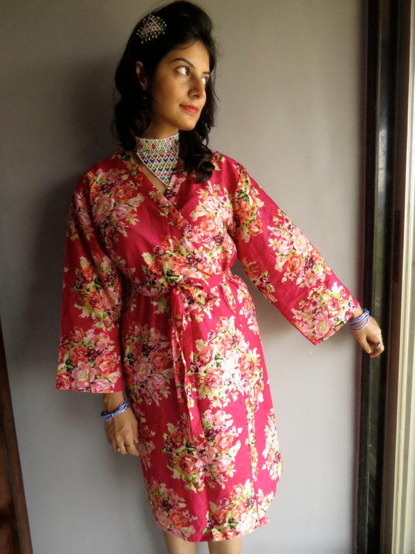Magenta Floral Knee Length, Kimono Crossover Belted Robe-C5 fabric Code