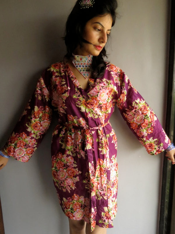 Purple Floral Knee Length, Kimono Crossover Belted Robe-C8 fabric Code