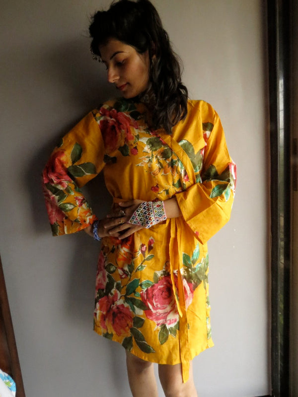 Yellow Floral Knee Length, Kimono Crossover Belted Robe-D9 fabric Code