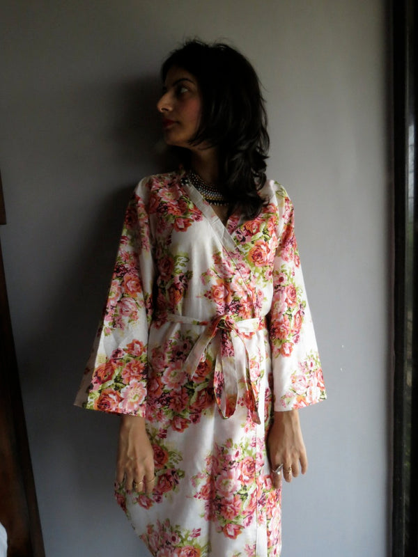 White Floral Knee Length, Kimono Crossover Belted Robe-C7 fabric Code