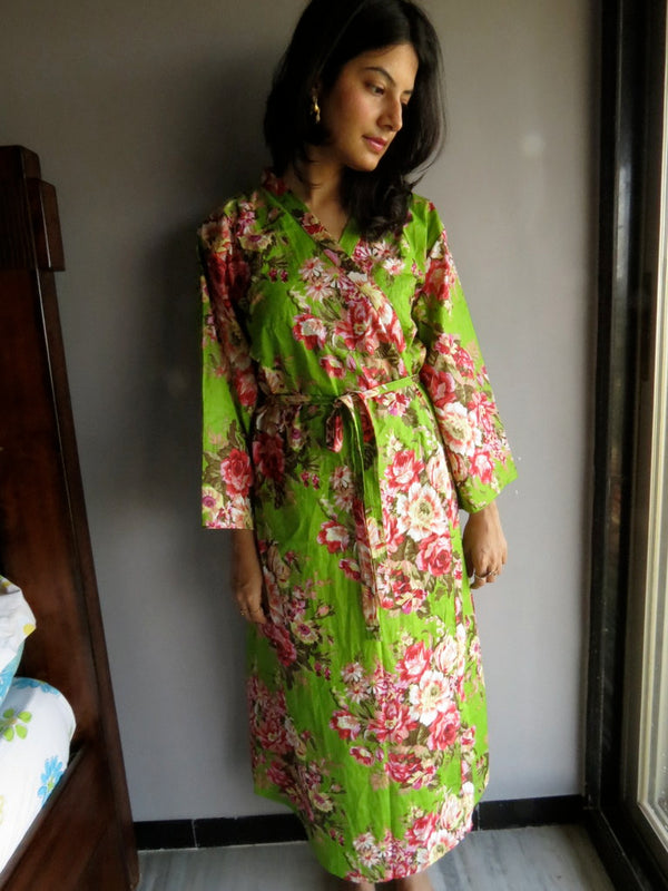 Green Floral Ankle Length, Kimono Crossover Belted Robe