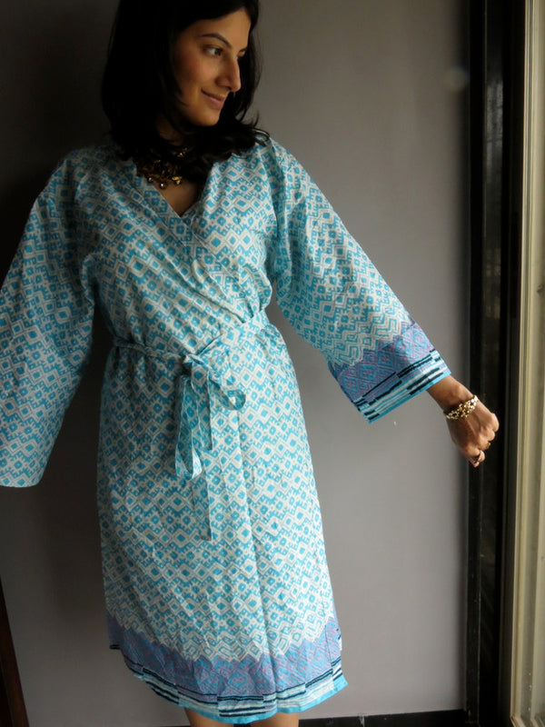 Light Blue Chevron Knee Length, Kimono Crossover Belted Robe