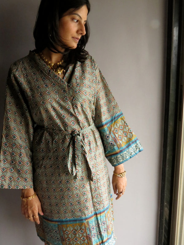 Blue Plaid Knee Length, Kimono Crossover Belted Robe