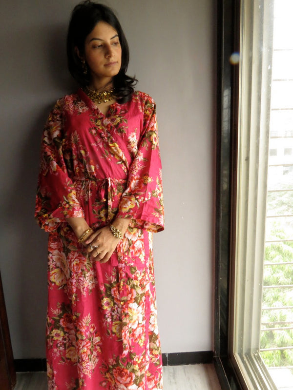 Magenta Floral Ankle Length, Kimono Crossover Belted Robe-A6 fabric Code