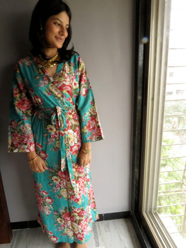 Teal Floral Ankle Length, Kimono Crossover Belted Robe-A1 fabric Code