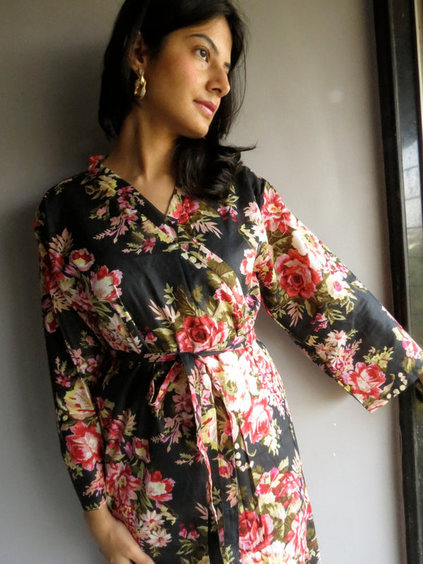 Black Floral Ankle Length, Kimono Crossover Belted Robe