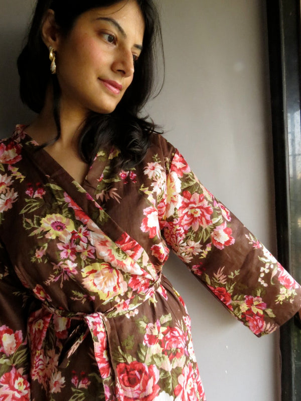 Brown Floral Ankle Length, Kimono Crossover Belted Robe-A2 fabric Code