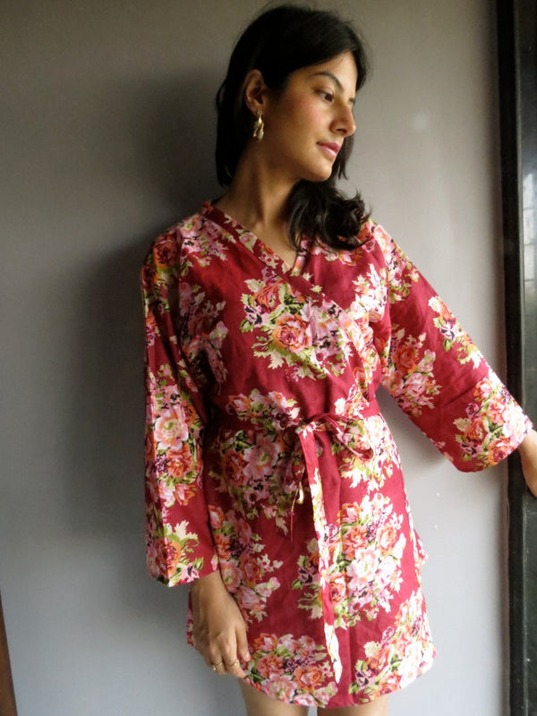 Maroon Floral Knee Length, Kimono Crossover Belted Robe- C3 fabric Code