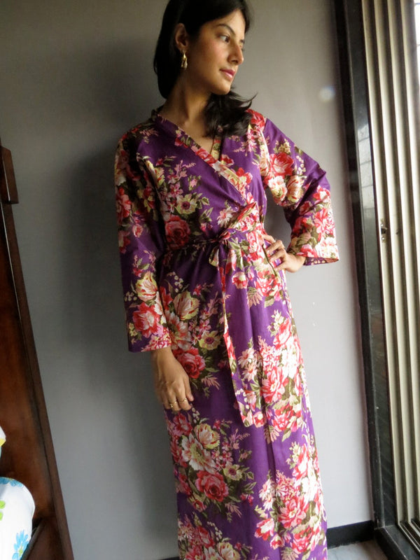 Purple Floral Ankle Length, Kimono Crossover Belted Robe-A10 fabric Code