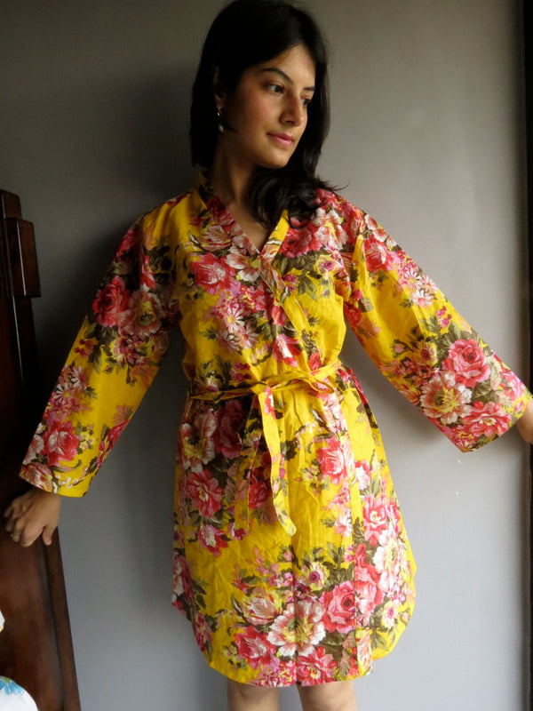 Yellow Floral Knee Length, Kimono Crossover Belted Robe-A7 fabric Code