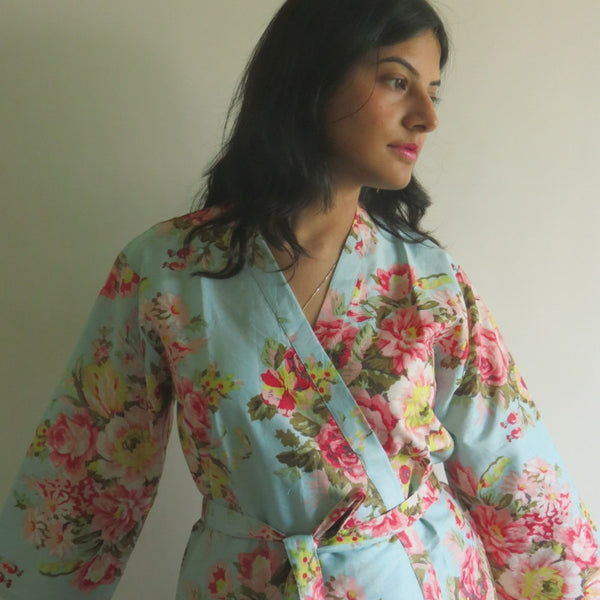 Light Blue Floral Knee Length, Kimono Crossover Belted Robe