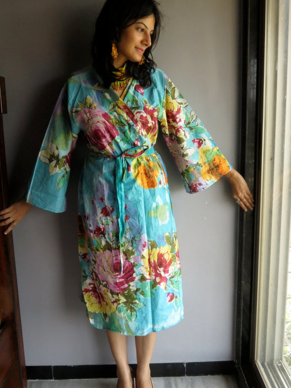 Blue Floral Knee Length, Kimono Crossover Belted Robe