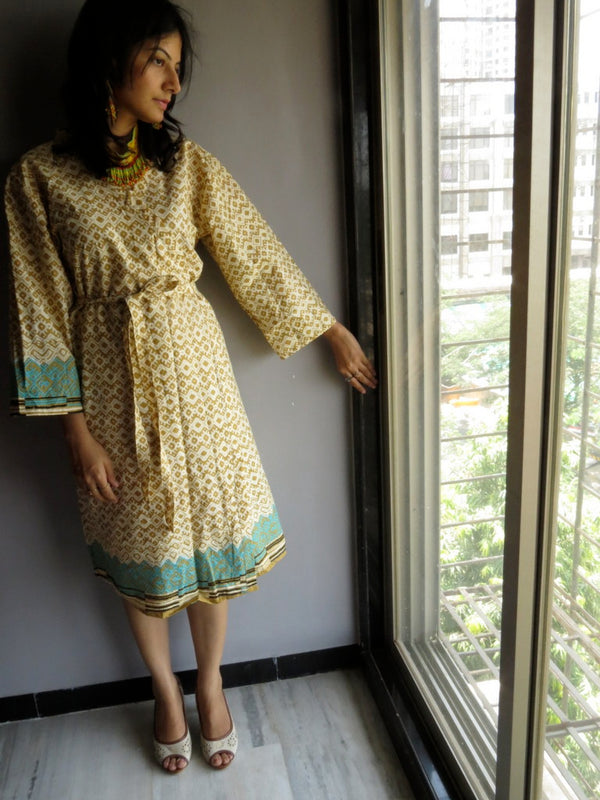 Cream Brown Chevron Knee Length, Kimono Crossover Belted Robe